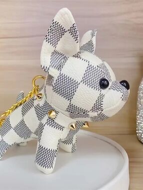 Checkerboard Puppy Keychain with Gold Accents